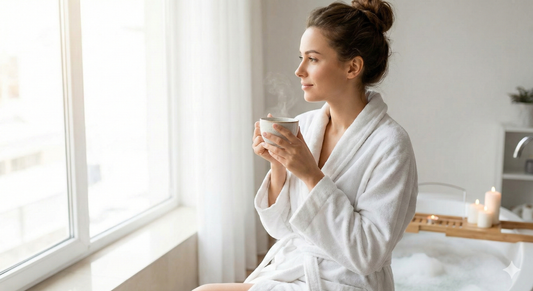 Une femme élégante en peignoire savoure un moment de bien-être et de détente avec une boisson chaude dans un cadre apaisant, illustrant les Conseils Love d'Espace-Love.