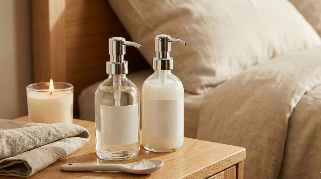 Deux flacons de lubrifiant élégants en verre posés sur une table de chevet en bois dans une chambre à l'ambiance zen et chaleureuse, avec une bougie allumée et du linge de maison naturel.