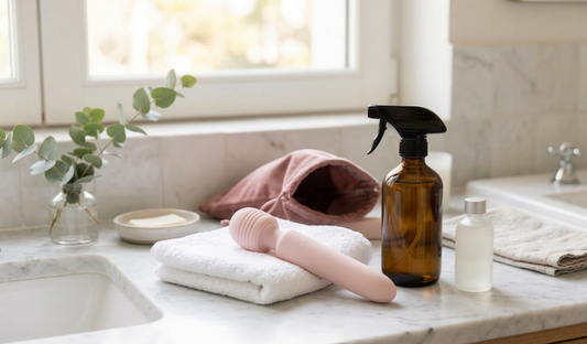 ​Appareil de bien-être rose et produits d'entretien sur un plan de travail en marbre.