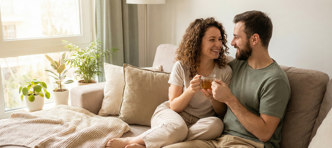 Couple complice et souriant partageant un moment de discussion sur un canapé, illustrant le bien-être et les habitudes pour raviver la complicité.