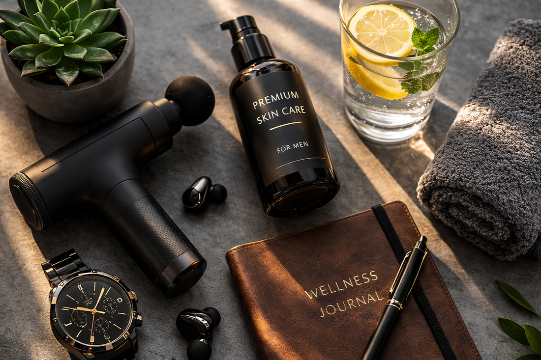 Ensemble d'articles de bien-être pour homme et routine de soins sur une table en béton.