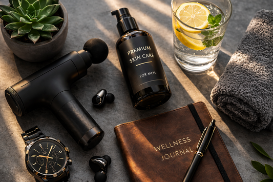 Ensemble d'articles de bien-être pour homme et routine de soins sur une table en béton.