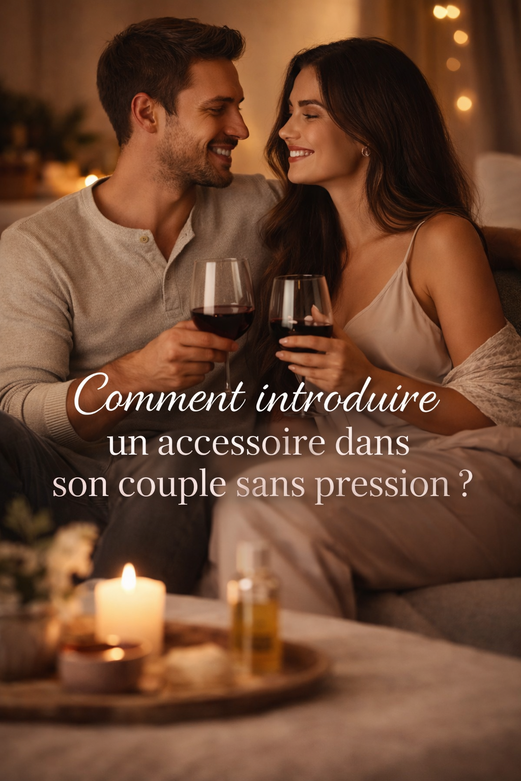 Couple complice partageant un moment romantique autour d'un verre de vin, illustrant l'article de blog Espace-Love : Comment introduire un accessoire intime dans son couple sans pression.