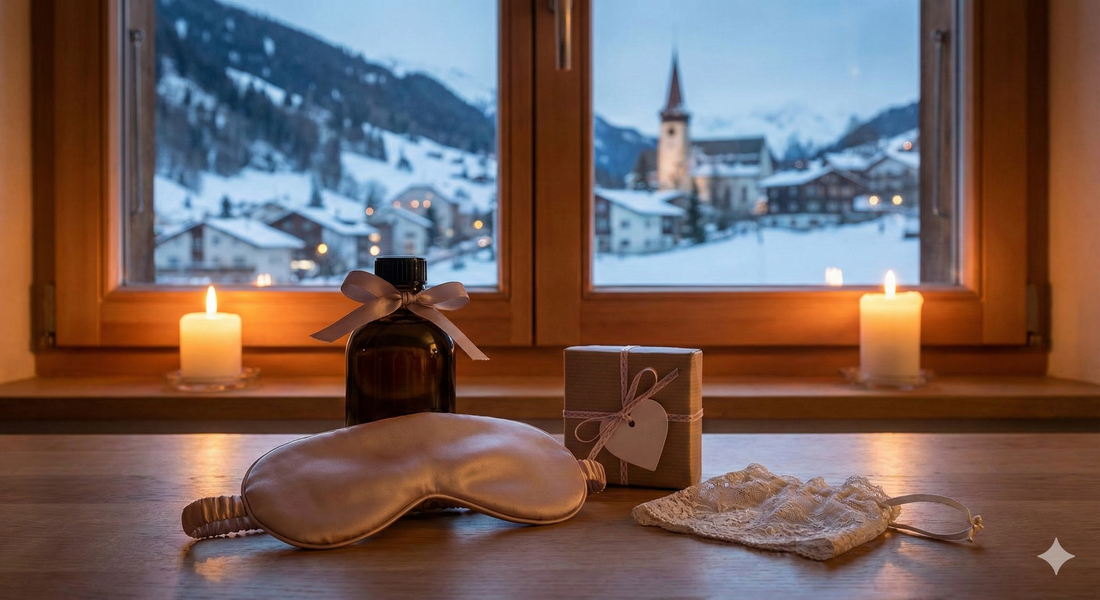 Ambiance romantique Saint Valentin chalet suisse avec cadeaux et huile de massage.