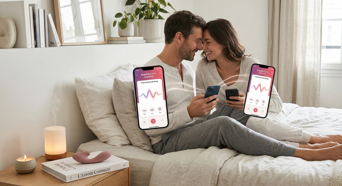 Couple souriant au lit utilisant une application sur smartphone pour contrôler un jouet intime connecté, illustrant la complicité sur Espace-Love.ch.