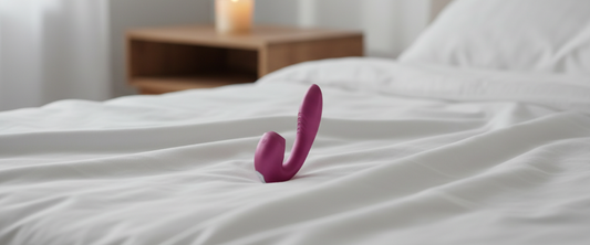 Un premier accessoire intime courbé en silicone violet posé délicatement sur un lit aux draps blancs, dans une ambiance douce et rassurante.