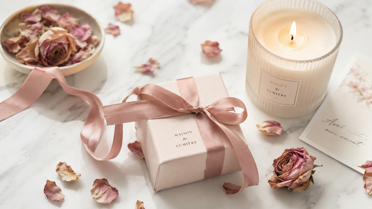Romantic gift flatlay with elegant wrapped box, scented candle and dried rose petals on white marble surface in a luxury Swiss boutique aesthetic.
