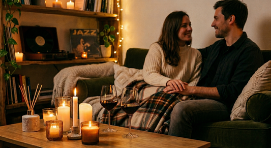un couple assis sur un canapé vert dans une ambiance romantique et tamisée, entouré de bougies allumées, de verres de vin rouge et d'un diffuseur d'huiles de massage, pour une soirée en amoureux à la maison.